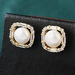 真鍮マイクロペーブクリアキュービックジルコニアスタッドピアス  天然パールと  正方形  14KGP本金メッキ  11.5x11.5mm&nbsp;EJEW-P302-01G