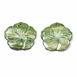 天然淡水シェルのペンダント  染め  花  ダークシーグリーン  38~39x39~40x4~5mm  穴：2mm&nbsp;SHEL-S276-164