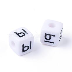 オペークアクリルヨーロピアンビーズ  水平穴  大穴ビーズ  文字付きのキューブ  ブラック  ランダムな混合文字  10x10x10mm  穴：4mm  約530個/500g&nbsp;SACR-Q126-13