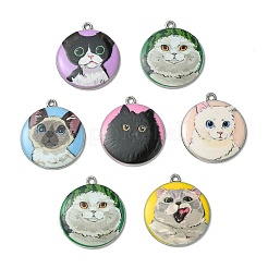 30個6スタイルプリントアロイペンダント  プラチナ  猫のチャーム付きフラットラウンド  ミックスカラー  28x24.5x2.7mm  穴：1.4mm  5個/スタイル&nbsp;ENAM-CJ0004-70