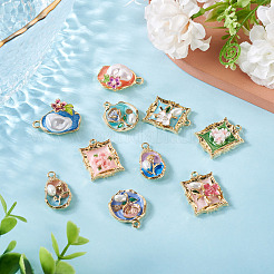 10個5スタイルアロイエナメルペンダント  ABSイミテーションパールとグリッターパウダー付き  ラックめっき  長持ちメッキ  鉛フリー＆カドミウムフリー＆ニッケルフリー  ゴールドカラー  混合形状  ミックスカラー  6.5~25.5x14~20.5x5~8.5mm  穴：1.8~3mm  2個/スタイル&nbsp;ENAM-TA0003-34