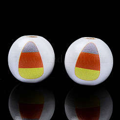 ハロウィンプリント天然木ビーズ  キャンディコーンと丸い  きいろ  15.5x14.5mm  穴：4mm&nbsp;WOOD-S057-087