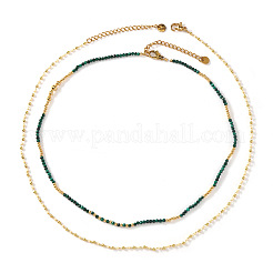 Faceted Round Natural Malachite and Faux Pearl Beaded Double Layer Necklaces with Stainless Steel Cable Chains for Women&nbsp;QA9990-1