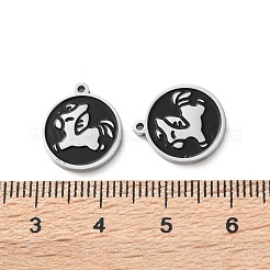 304ステンレススチールブラックエナメルチャーム  ステンレス鋼色  フラットラウンドのチャーム  馬  14.5x12.5x1.5mm  穴：1mm&nbsp;STAS-M102-17P-06