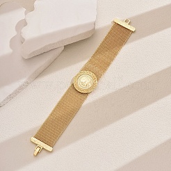 女性用鉄メッシュチェーンリンクブレスレット  彫刻のような形をしたフラットラウンド  ゴールドカラー  内径：8-1/8インチ（20.5cm）&nbsp;XB7345