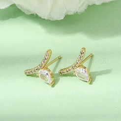 真鍮製マイクロパヴェキュービックジルコニアスタッドピアス  ティアドロップ  ラックめっき  長持ちメッキ  カドミウムフリー＆鉛フリー  18KGP本金メッキ  透明  10.5x15mm&nbsp;EJEW-G471-14G-01