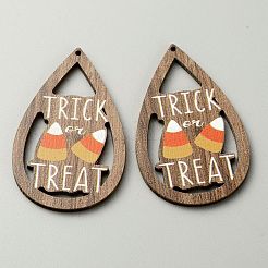 ハロウィーンのテーマ プリント ウッド ビッグ ペンダント  ティアドロップチャーム  キャンディーコーンと木のトリック・オア・トリート  言葉  54.5x34x2.5mm  穴：1.6mm&nbsp;X1-WOOD-TAC0015-09H