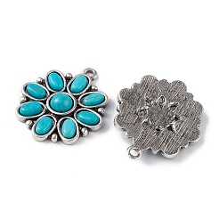 合成ターコイズペンダント  合金パーツ  花のチャーム  アンティークシルバー  28x24x4.5mm  穴：2mm&nbsp;FIND-TAC0022-07AS
