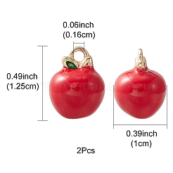 2個真鍮エナメルチャーム  模造果物  ライトゴールド  アップルチャーム  レッド  12.5x10mm  穴：1.6mm&nbsp;KK-YW0001-88