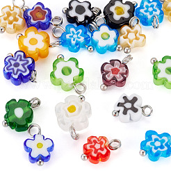 20個の手作りミルフィオリガラスチャーム  花  真鍮のループ付き  ミックスカラー  10~12x7~9x3~3.5mm  穴：1.8~2mm&nbsp;PALLOY-TADJ00003