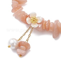 天然サンストーンチップビーズチャームブレスレット  女性用ストレッチブレスレット  貝殻パールとABSプラスチック模造真珠の花付き  内径：1-7/8~2インチ（4.8~5.2cm）&nbsp;BJEW-JB12312-01