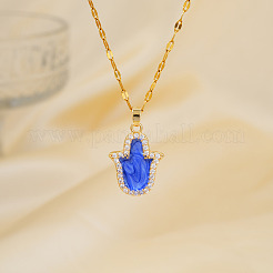 Vintage Brass Pave Clear Cubic Zirconia & Royal Blue Enamel Hamsa Hand Pendant Necklaces for Daily Wear and Holiday Gift&nbsp;CS1559-1