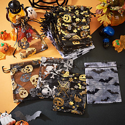 ハロウィンテーマのクモとコウモリの頭蓋骨プリントオーガンジー巾着バッグ40個、4スタイル  長方形  ミックスカラー  15~15.5x10x0.03cm  10個/スタイル&nbsp;ABAG-TA0002-03