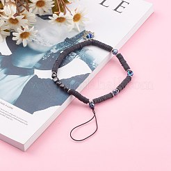 ポリマークレイヘイシビーズモバイルストラップ  アクリルエナメルビーズ付き  ガラスビーズと合金ビーズ  ラッキーワード  ナザールボンジュウ付きハムサの手  ゴールドカラー  ブラック  23.5cm&nbsp;HJEW-JM00465