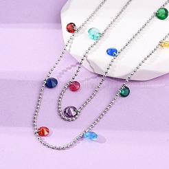 304ステンレススチールボールチェーン、カラフルなキュービックジルコニア、フラットラウンドタッセル、女性用ダブルレイヤーネックレス  ステンレス鋼色  15.59インチ（39.6cm）&nbsp;LS-NJEW-A051-05P