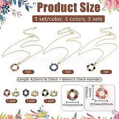 3セット3色のリース合金ラインストーンペンダントネックレス＆スタッドピアスセット  ミックスカラー  ネックレス: 425mm;イヤリング：17mm&nbsp;SJEW-GO0001-06