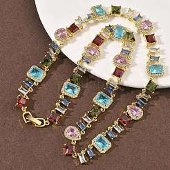 Brass Pave Colorful Cubic Zirconia Rectangle Square Teardrop Tennis Necklaces&nbsp;NJEW-G183-09G