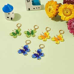 3 ペア 3 色ガラス編組バタフライ ダングル レバーバック イヤリング  女性のための金メッキ真鍮ワイヤー ラップ ジュエリー  ミックスカラー  42mm  ピン：0.9mm  1ペア/カラー&nbsp;EJEW-TA00127