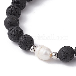 Dyed Natural Lava Rock & Pearl Beaded Strtch Bracelet&nbsp;BJEW-JB10053-01
