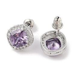 女性用真鍮パヴェキュービックジルコニアスクエアスタッドピアス  プラチナ  ミックスカラー  12.5x12.5mm&nbsp;EJEW-I304-21P