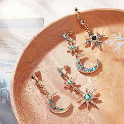 2 Sets 2 Styles Colorful Rhinestone Moon & Star Asymmetrical Earrings&nbsp;EJEW-FI0001-22