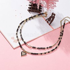 2 個 2 スタイル合金エナメル ハート ペンダント ネックレス セット  天然 & 合成混合宝石 & パール ビーズ スタッカブル ネックレス 女性用  14.73~16.93インチ（37.5~43cm）  1個/スタイル&nbsp;NJEW-JN04063