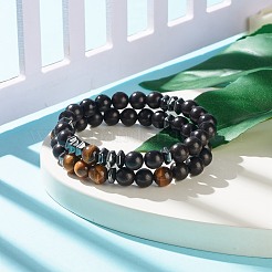 2Pcs 2 Style Natural Wood & Tiger Eye & Synthetic Hematite Stretch Bracelets Set&nbsp;BJEW-JB07940
