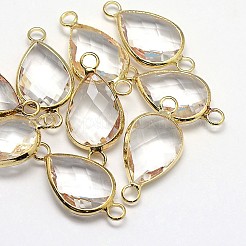 ゴールデントーン真鍮ガラスティアドロップリンクコネクター  濃いグレー  21x11x5mm  穴：2mm&nbsp;GLAA-J010A-HF31-G