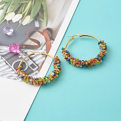 女の子の女性のためのガラスシードビーズフープピアス  304ステンレススチール製イヤリングワイヤー付き  ゴールドカラー  ミックスカラー  49x8mm  ピン：1mm&nbsp;EJEW-JE04614