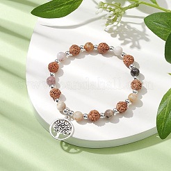 Round Natural Bamboo Leaf Agate & Electroplated Synthetic Non-magnetic Hematite & Natural Rudraksha Beaded Stretch Bracelets&nbsp;BJEW-JB10661