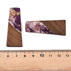 不透明な樹脂とクルミ材のペンダント  グリッターパウダー付き  台形  インディゴ  49x19x3.5mm  穴：2mm&nbsp;RESI-T058-04E