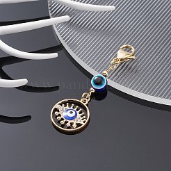 ナザールボンジュウ合金エナメル、ラインストーンペンダント装飾  樹脂ビーズと304ステンレススチールのロブスタークロウ留め金  フラットラウンド  59mm&nbsp;HJEW-JM01040-03