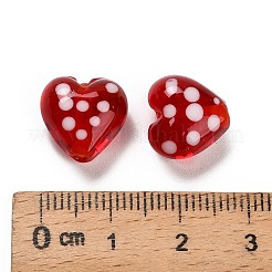 手作りのランプワークエナメルビーズ  手描きのビーズ  水玉模様の心  レッド  12x12.5x8.5mm  穴：1.8mm&nbsp;LAMP-B030-02A-01
