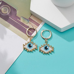 Japanese Seed Braided Rhombus with Evil Eye Dangle Hoop Earrings&nbsp;EJEW-MZ00002-02