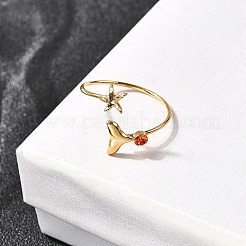 304ステンレススチール、ガラスオープンカフリング  ヒトデと魚の尾  イオンプレーティング（ip）  18KGP本金メッキ  ミックスカラー  内径：18mm&nbsp;RJEW-K248-22G