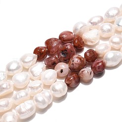 Natural Red Agate Nuggets & Natural Cultured Freshwater Pearl Beads Strands&nbsp;PEAR-N023-01A-02