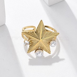 304ステンレススチールキュービックジルコニアカフリング（女性用）  パール付き  ラエルゴールド18k植え付け  スター  22.5x21.5mm  内径：18.5mm&nbsp;RJEW-D302-02G-09