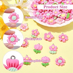 100個20スタイル不透明樹脂ペンダント  プラチナトーンのアイアンループ付き  花  ショッキングピンク  26~32x20~24.5x6~7.5mm  穴：2mm  5個/スタイル&nbsp;RESI-CJ0004-44
