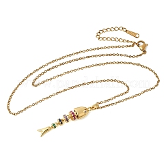 201 Stainless Steel Pave Colorful Cubic Zirconia Fish Bone Pendant Necklaces for Women&nbsp;NJEW-C111-02B-G