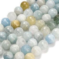 天然石アクアマリンビーズ連売り  ファセット（128ファセット）  ラウンド  12mm  穴：1.4mm  約33個/連  15.75インチ（40cm）&nbsp;G-L642-F05-12mm