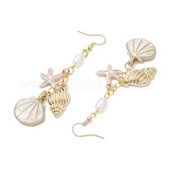 合金エナメルダングルピアス  アクリル模造パールビーズ付き  シェル形状  ゴールドカラー  85.5x24.5mm&nbsp;EJEW-JE06220
