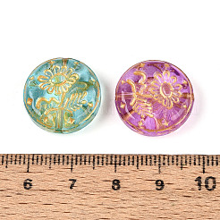 ベーキングペイント透明ガラスビーズ  フラットラウンドとひまわり  ゴールドライン入り  ミックスカラー  18x6.5~7mm  穴：1~1.4mm&nbsp;DGLA-N018-16