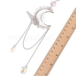 天然ローズクォーツチップと真鍮の月と304ステンレススチールの蝶のサンキャッチャー  ガラスのティアドロップ型吊り下げ窓用プリズム装飾品（家庭・庭用）  310mm&nbsp;HJEW-TA00449-03