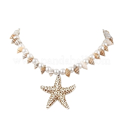 Ocean Natuarl Spiral Shell & Baking Paint Glass Pearl Round Beaded Opaque Acrylic Pendant Necklaces&nbsp;NJEW-JN06306-01