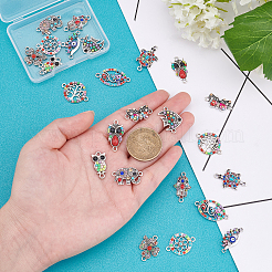24個12スタイルアロイリンク  カラフルな樹脂とラインストーン  エナメル  バタフライ＆フラットラウンド＆フクロウ＆ハムサハンド＆ウミガメ＆エレファント＆オーバル＆ナザールボンジュウ＆四つ葉のクローバー＆魚  アンティークシルバー  10.5~27.5x11~24.5x2~4mm  穴：1.6~2mm  2個/スタイル&nbsp;FIND-PH0003-08