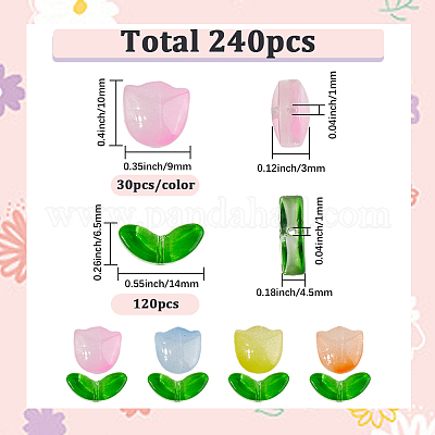 透明ガラスビーズ  チューリップ/葉  ミックスカラー  6.5x14x4.5mm  穴：1mm&nbsp;GLAA-SP0001-52-1