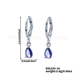 Fashionable Couple Waterdrop Sparkling 925 Sterling Silver Cubic Zirconia Dangle Hoop Earrings for Daily Wear and Parties, Platinum, Purple, 22x5mm