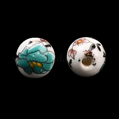 花柄プリントの磁器ビーズ  花柄のセラミックビーズ  ラウンド  ミディアムターコイズ  8mm  穴：2mm&nbsp;X-PORC-Q199-8mm-17