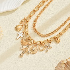 Alloy Crystal Rhinestone and Enamel Cross Heart Multi-Charm Double Layer Necklaces for Women&nbsp;WGEBEB6-01