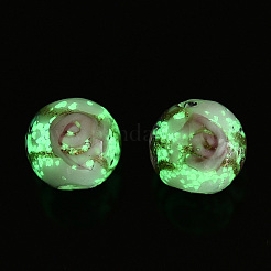 明るい手作りの金の砂のランプワークビーズ  暗闇で光る  花の丸  フローラルホワイト  8x8mm  穴：1.6mm&nbsp;LAMP-T021-03F